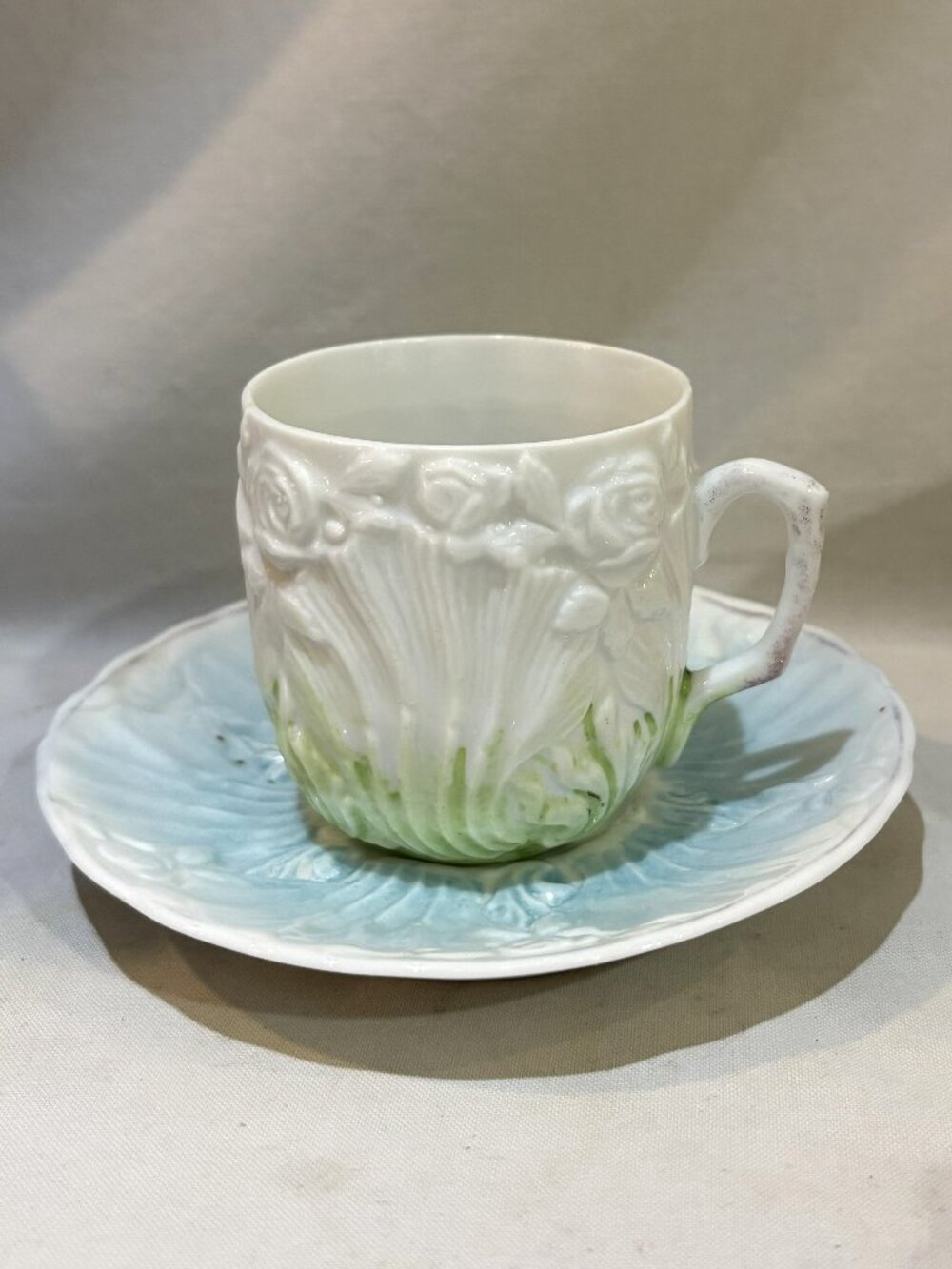 Antique Porcelain Teacup and Saucer Set Embossed Floral Aqua Blue Mint Green